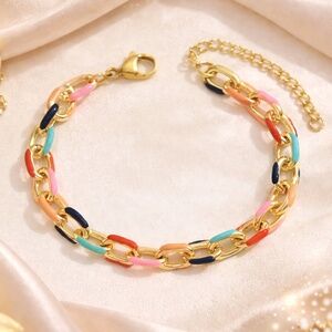 Gold tone Chunky Chain Bracelet with Multicolor Enamel Links